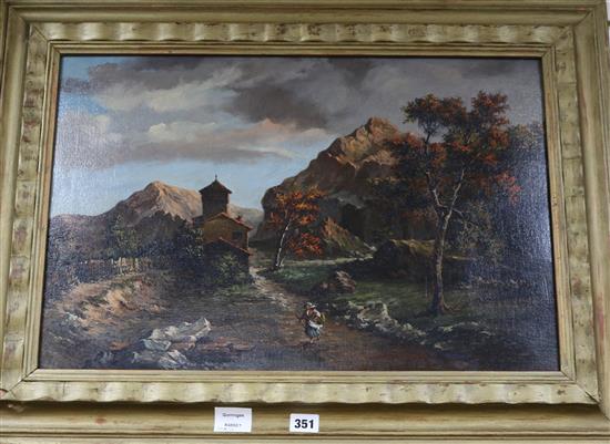 Italian School (19th Century), oil on canvas, traveller in a mountain landscape, 38 x 58cm